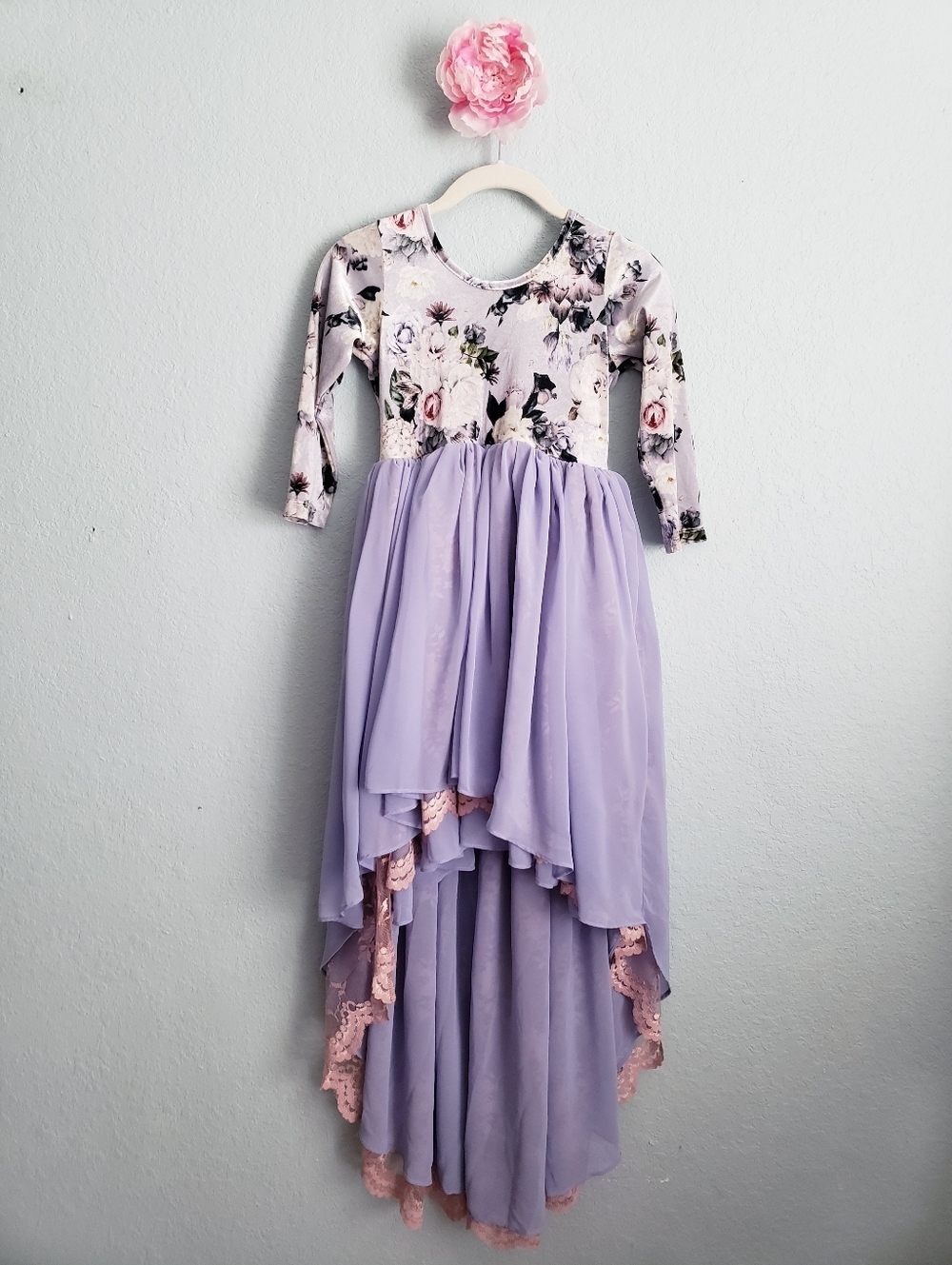 Pleiades Lilac Purple Floral Velvet Long Sleeve Chiffon Hi Low Tiered Puff Gown